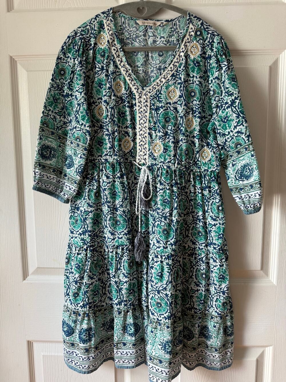 Soft‎ Surroundings Petite Blue Green Boho Print Tassel Dress PS